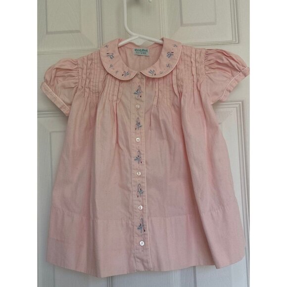 Vtg Pink Baby Dress 1950s Hand Made Philippines Size 18 Months Emboidered Flower - Picture 1 of 10